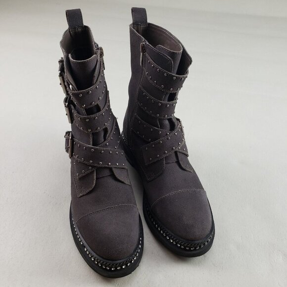 Vince Camuto Bobette Biker Boot Womens 9 Gray Suede Buckles Chunky Combat Stud - Picture 7 of 13